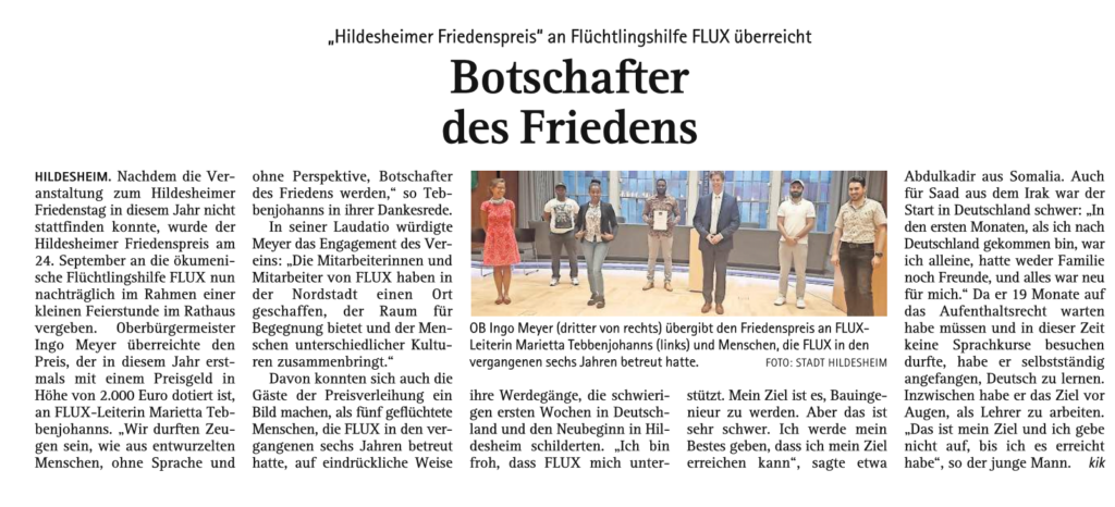 Zeitungsartikel über die Verleihung des Hildesheimer Friedenspreis 2020 an die FLUX Flüchtlingshilfe