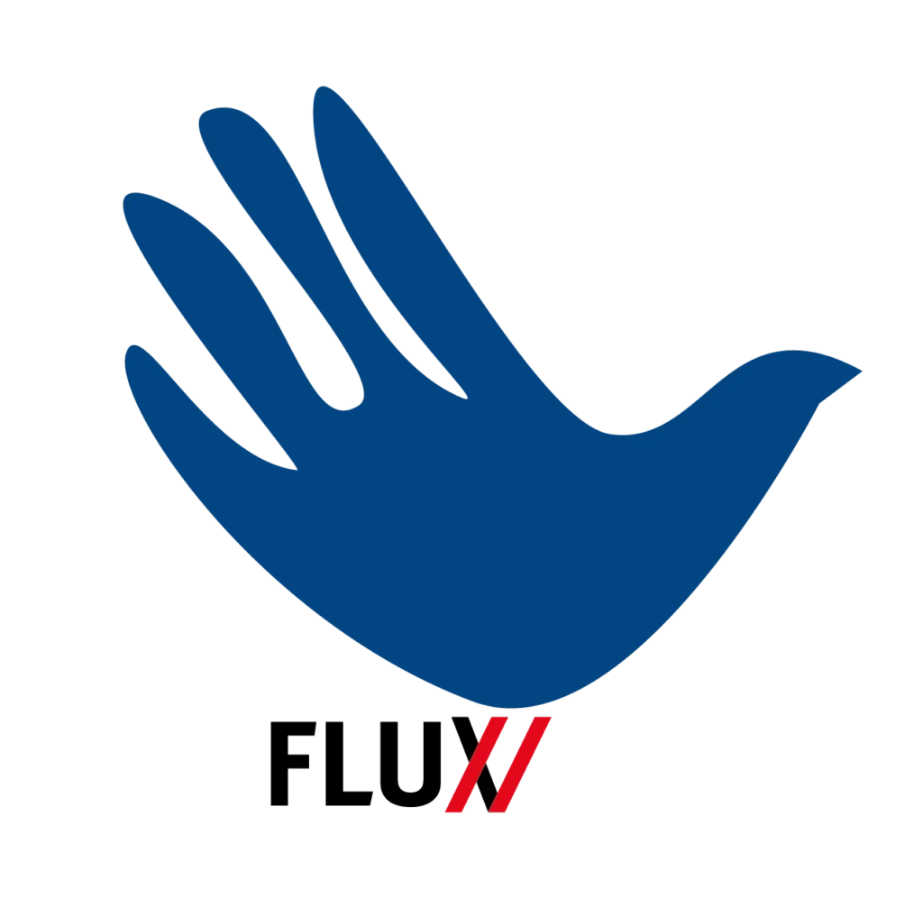 FLUX Flüchtlingshilfe logo in blau mit schwarzem FLUX Schriftzug darunter